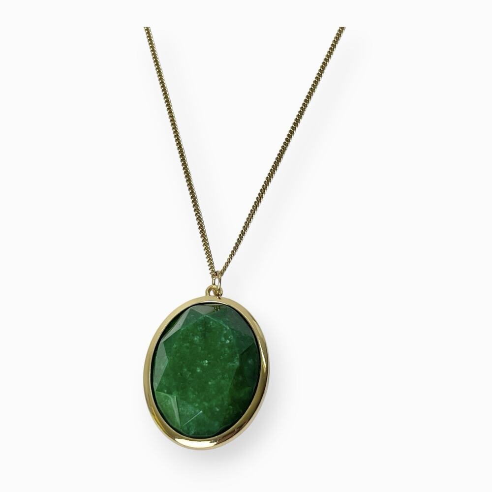 Jadeite Pendant Necklace Faceted Oval Statement Jewelry Minimalist Gold Tone Vtg